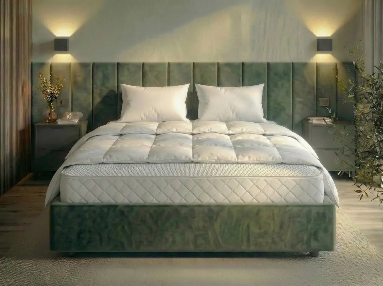 Modernes Schlafzimmer mit einem grünen Bett mit einer weißen Matratze und weißer Bettdecke und Kissen