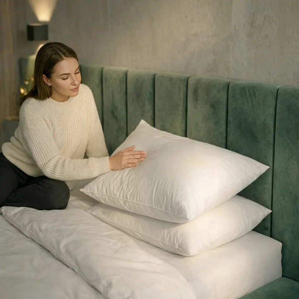 Frau sitzt auf einem Bett in einem modernen Schlafzimmer und berührt zwei weiße Kopfkissen die aufeinander liegen