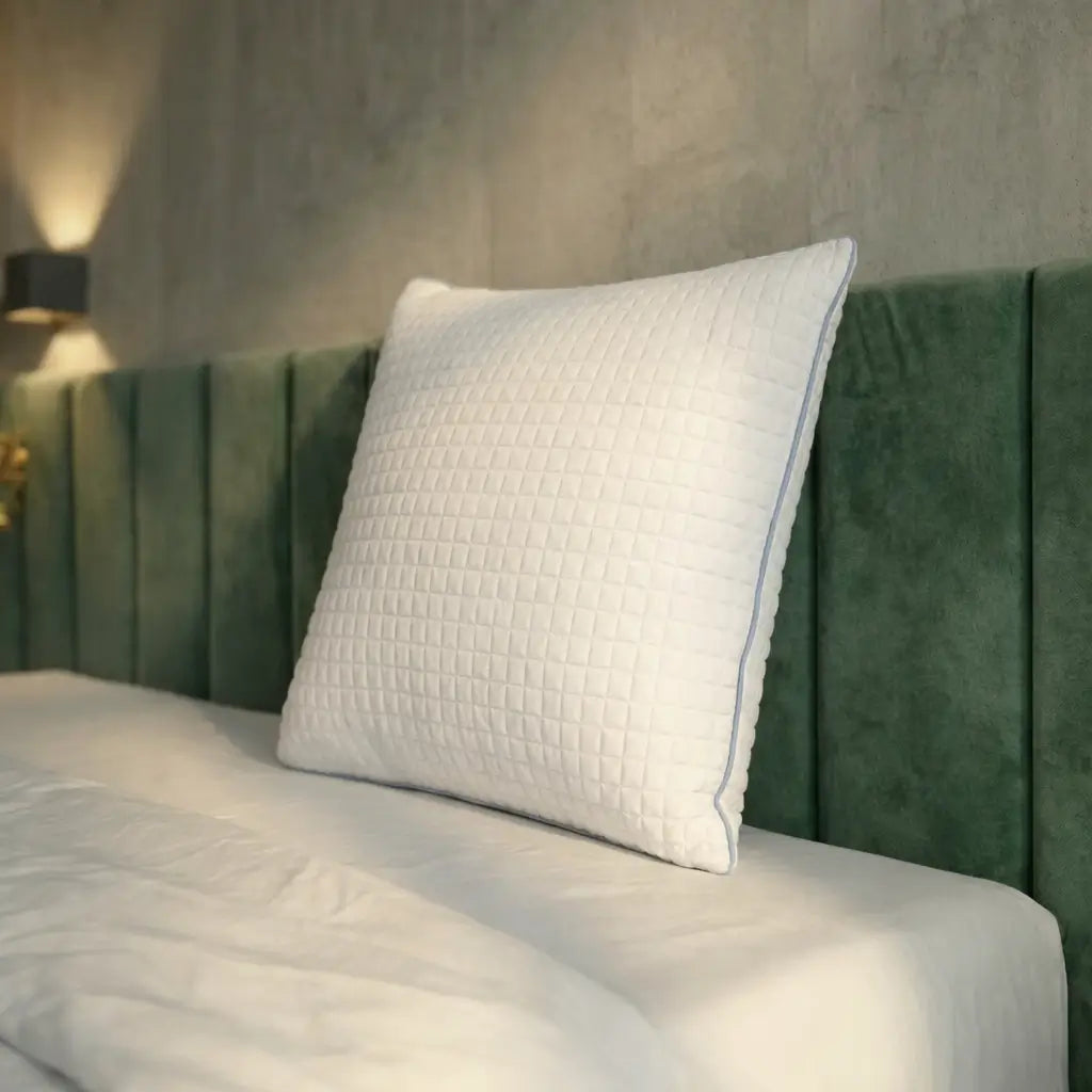 Weißes Essential Kühlkissen mit strukturierter Oberfläche auf einem Bett mit weißer Bettwäsche und grünem Kopfteil