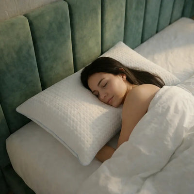 Frau schläft seitlich auf dem weißen Essential Kühlkissen in einem Bett mit weißer Bettwäsche und grünem Kopfteil