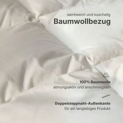 Detailaufnahme der weißen Premium veganen Decke Polypearls mit weich gepolsterten Kammern und glatter, anschmiegsamer Oberfläche