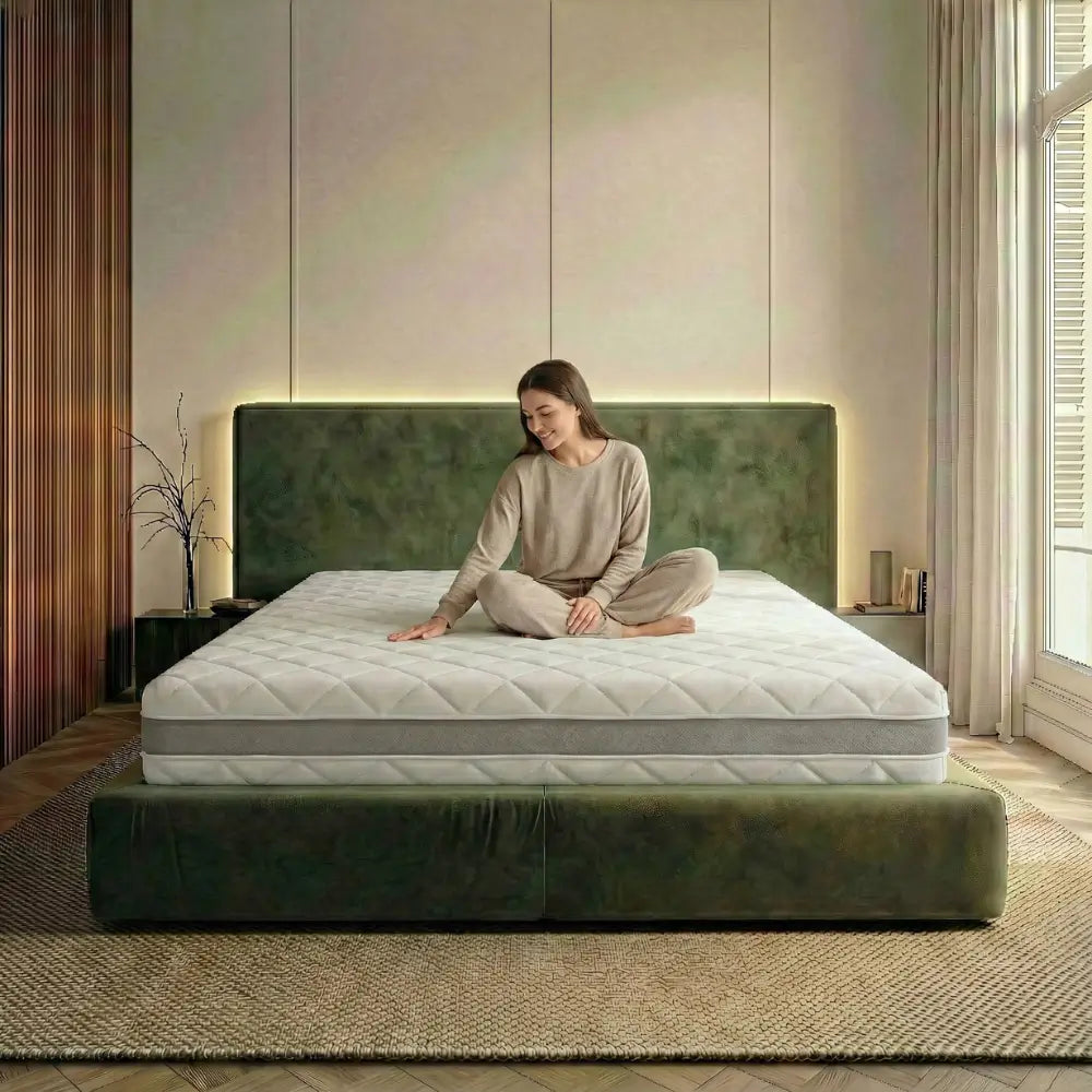 Person sitzt auf der RIBECO 1000 Federkernmatratze auf grünem Polsterbett in modernem Schlafzimmer