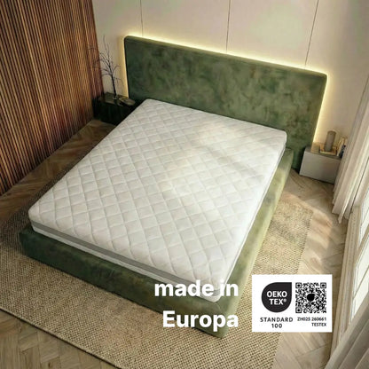 RIBECO 1000 Federkernmatratze auf Polsterbett mit Hinweis auf Made in Europa und OEKO-TEX Standard 100
