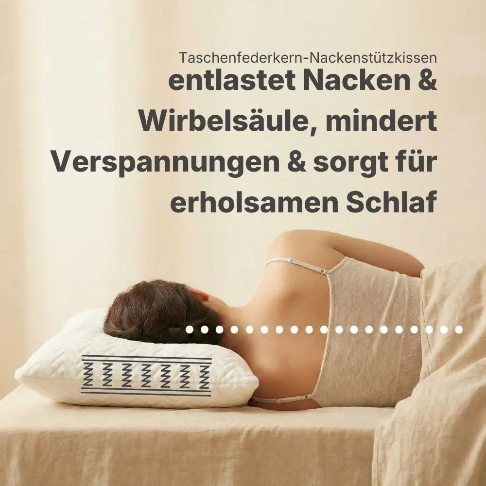 Premium Taschenfederkernkissen in Weiß, seitlich liegende Person auf Kissen mit schematischer Federdarstellung und eingeblendetem Text zur Nacken- und Wirbelsäulenentlastung