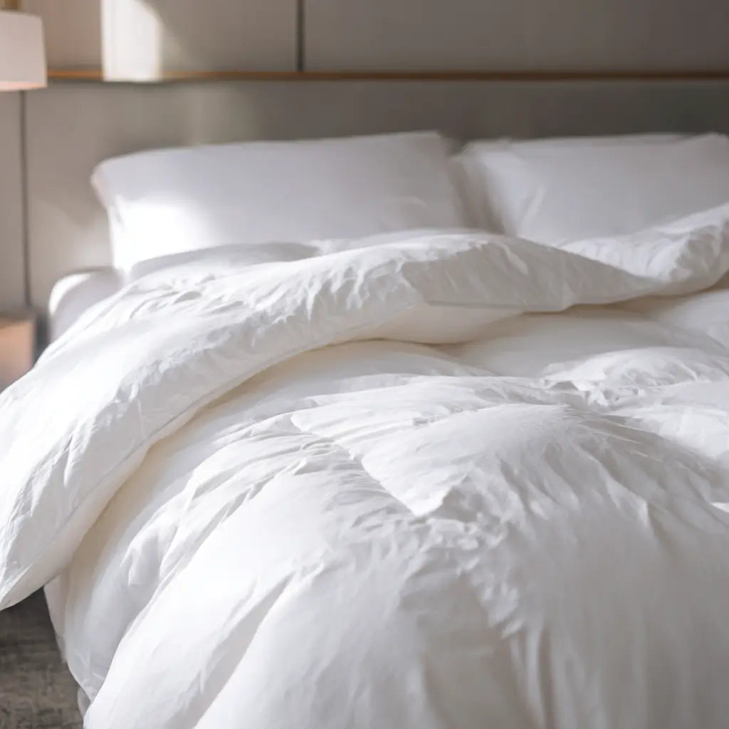 modernes Schlafzimmer mit einer weißen Bettdecke und Kopfkissen