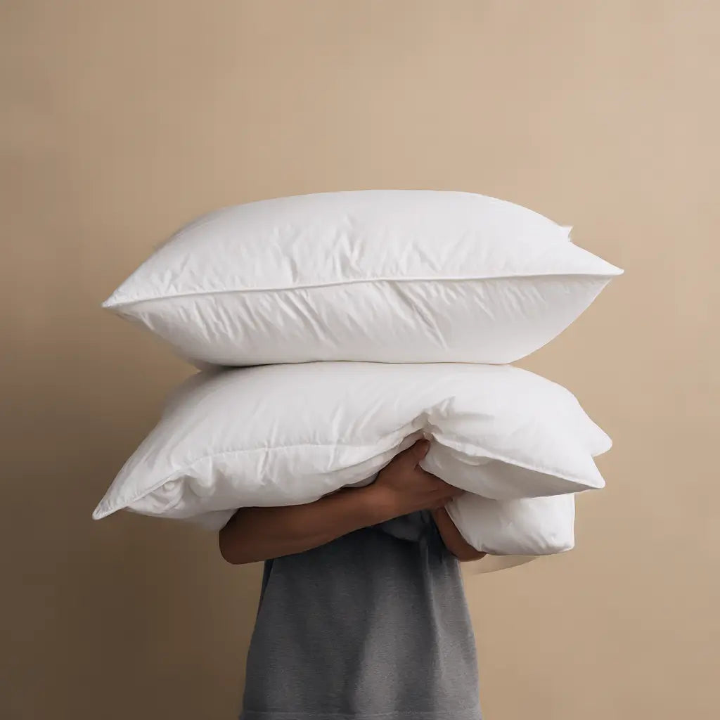 Person trägt zwei pralle weiße Kopfkissen