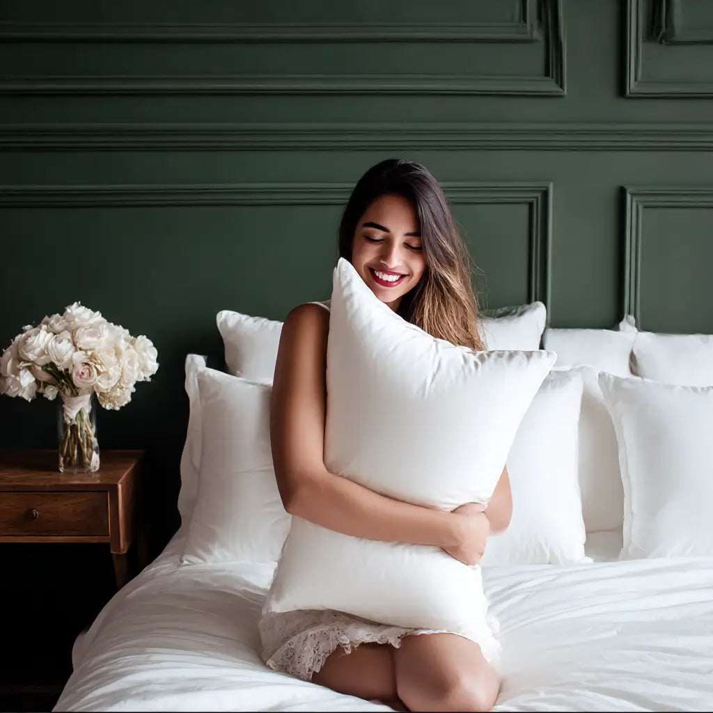 Frau sitzt auf einem Bett und kuschelt an weißes Kopfkissen in 40x80cm an sich