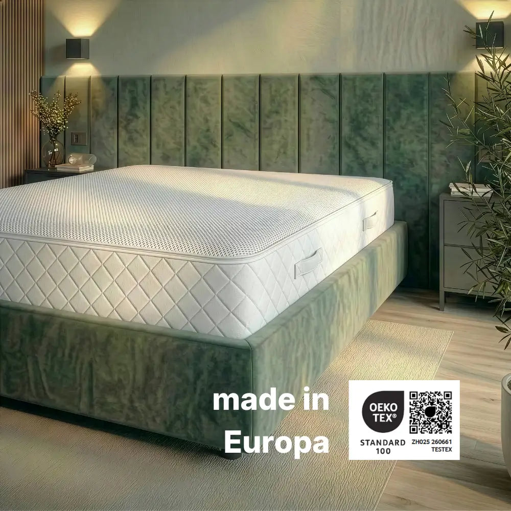 Hybridschaum Wendematratze 24 cm auf Polsterbett mit Hinweis auf Made in Europa und OEKO-TEX Standard 100