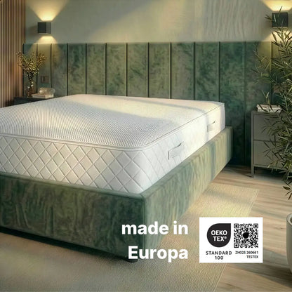 Hybridschaum Wendematratze 24 cm auf Polsterbett mit Hinweis auf Made in Europa und OEKO-TEX Standard 100